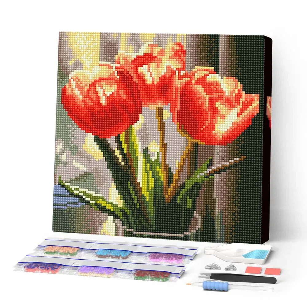 Broderie diamant Tulipes Pêche - Mini format 25x25 cm