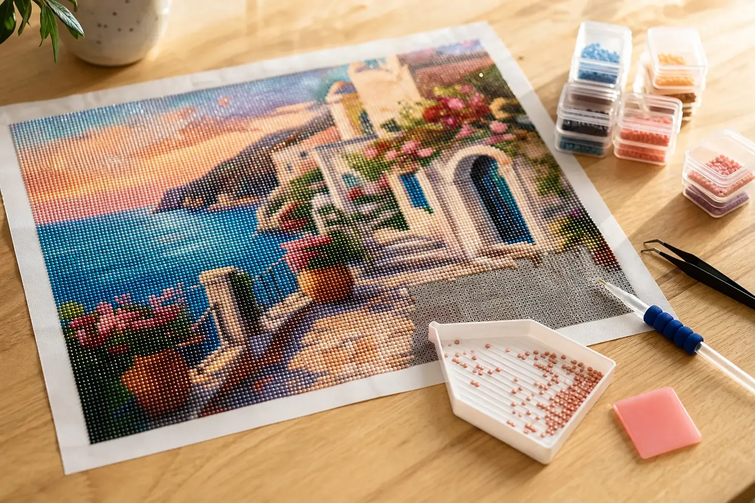 La peinture diamant révèle un tableau brillant, strass après strass