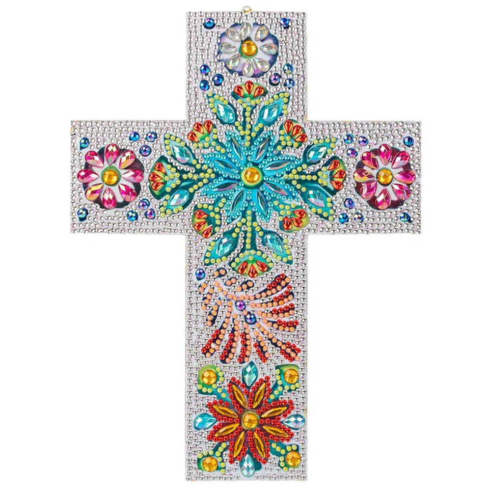 Pendentif décoratif diamond painting : Croix fleurie à suspendre