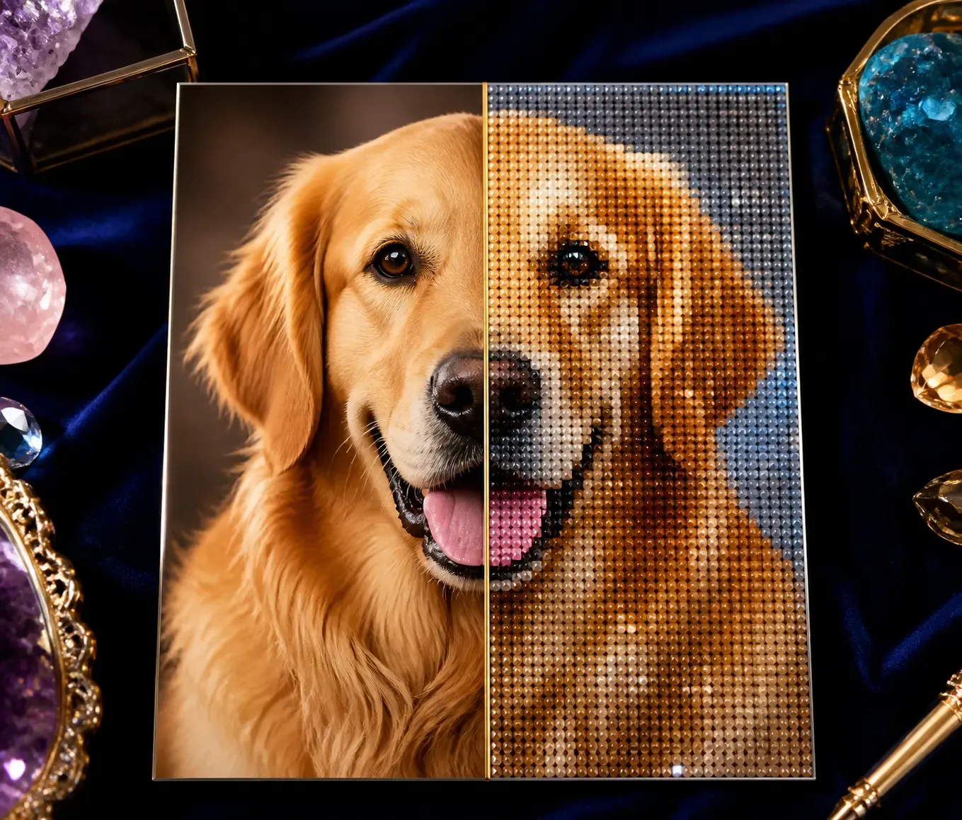 Une photo de chien transformée en broderie diamant scintillante