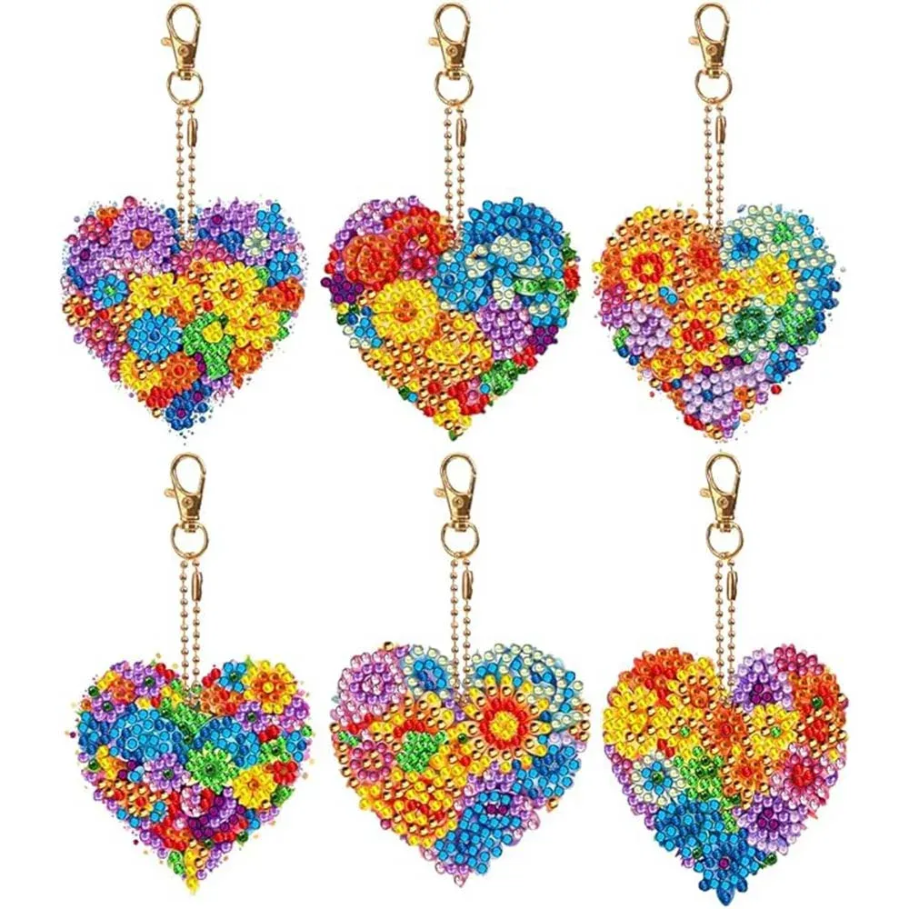 Porte-clés Diamond Painting Cœur de Fleur - 6 pièces élégantes à personnaliser