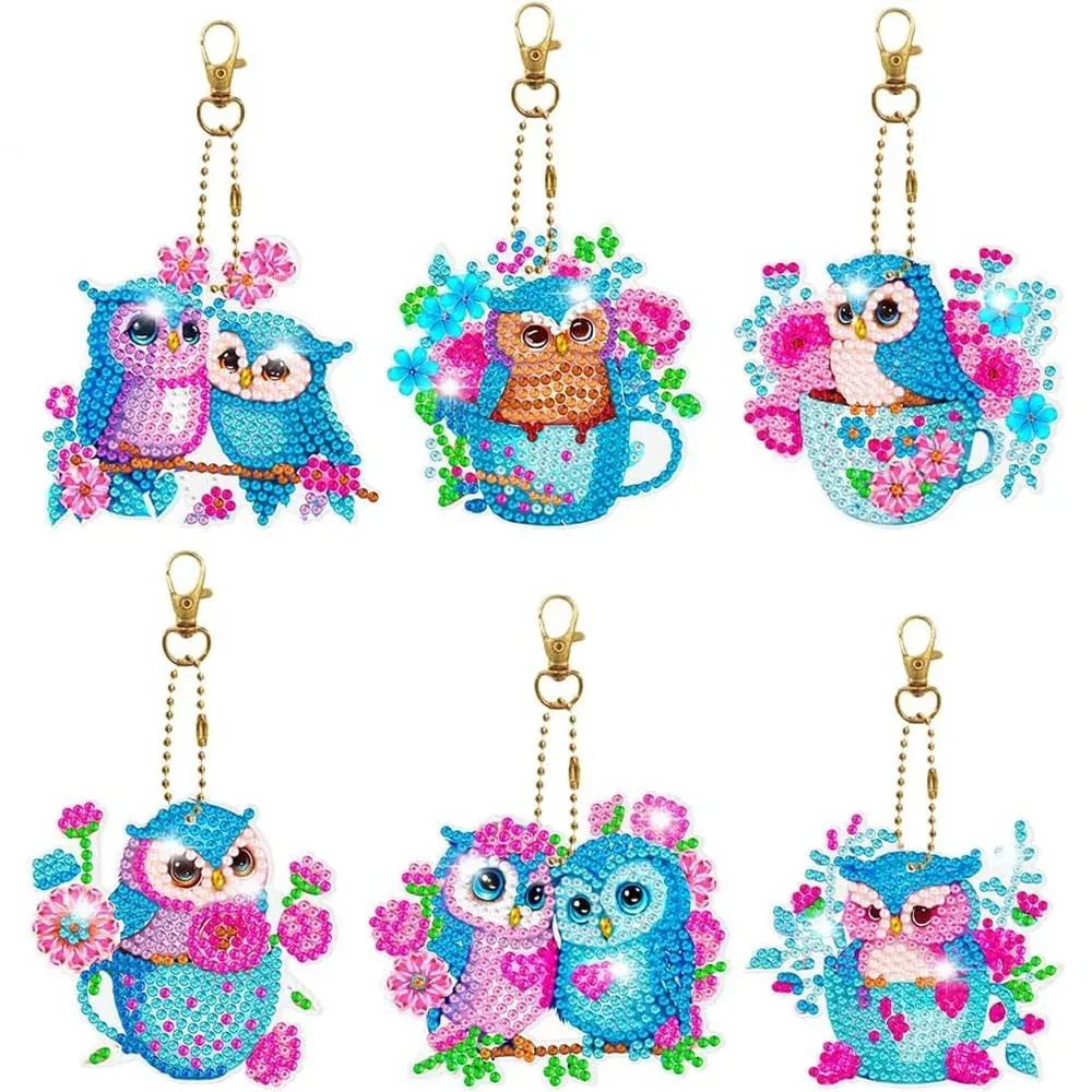 Porte-clés Diamond Painting Hiboux Bleus - 6 pièces élégantes à personnaliser