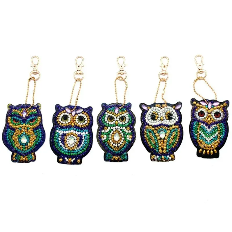 Porte-clés Diamond Painting Hiboux - Ensemble de 5 pendentifs à broder