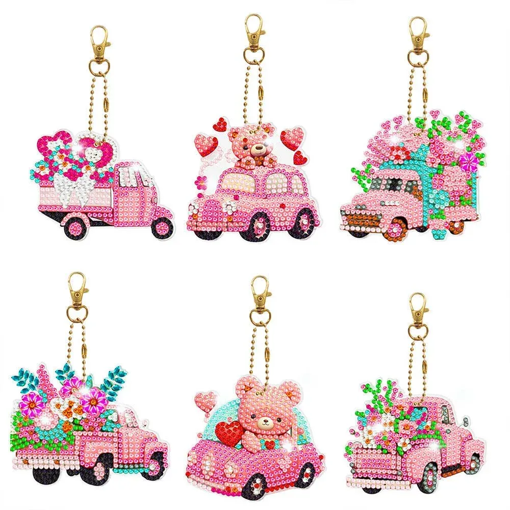 Porte-clés Diamond Painting Voiture Rose - 6 pièces décoratives