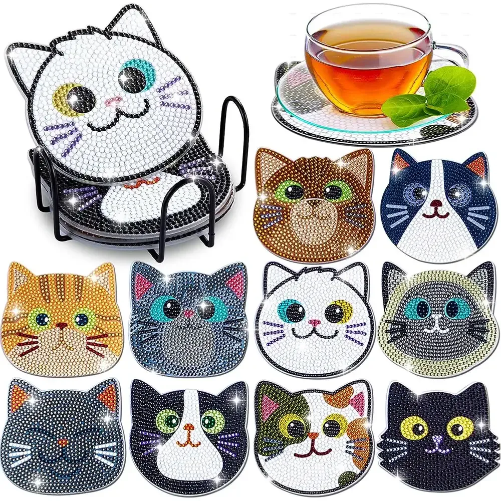 Sous-verre diamond painting 5D Chats - Ensemble de 10 pièces