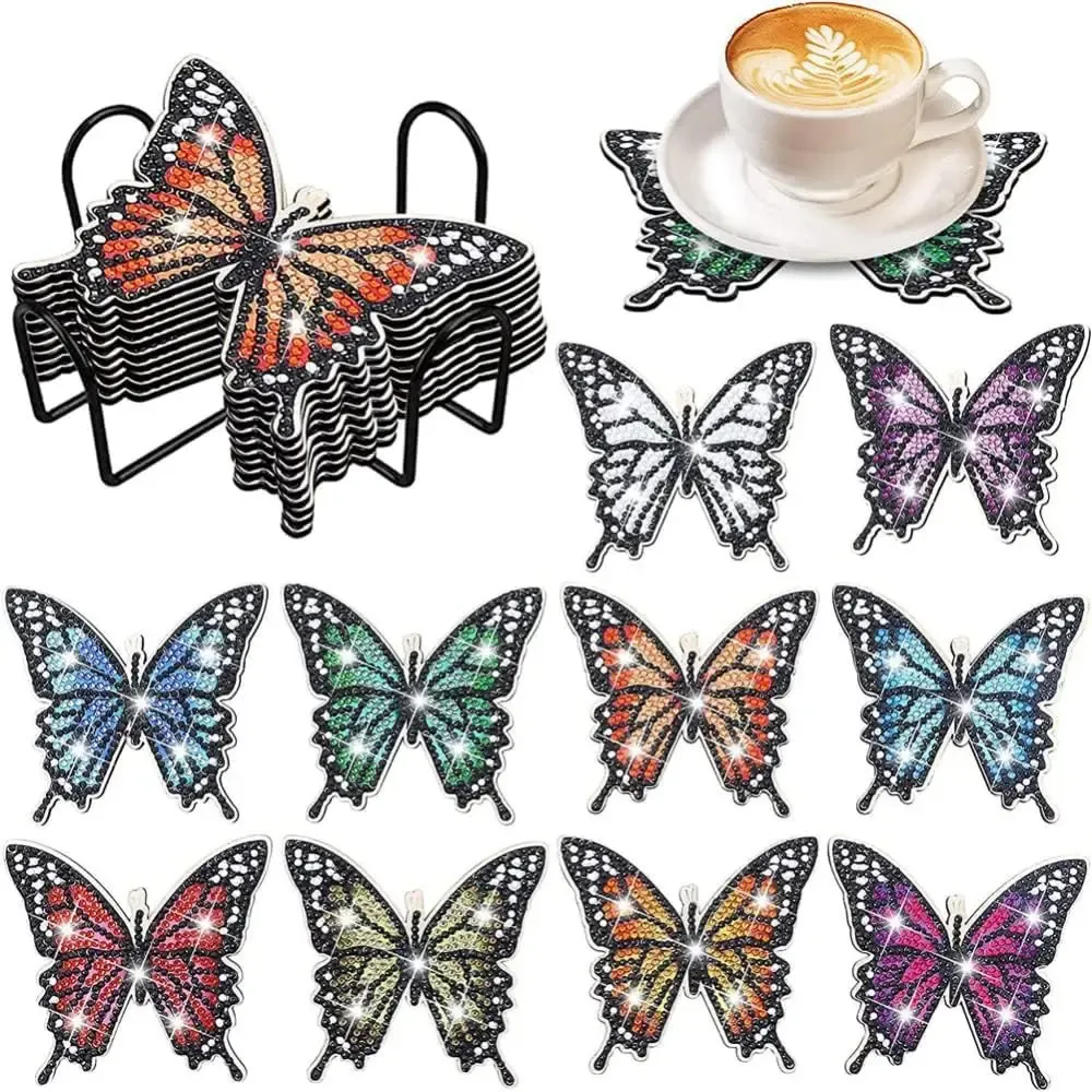 Ensemble 10 sous-verres broderie diamant papillons