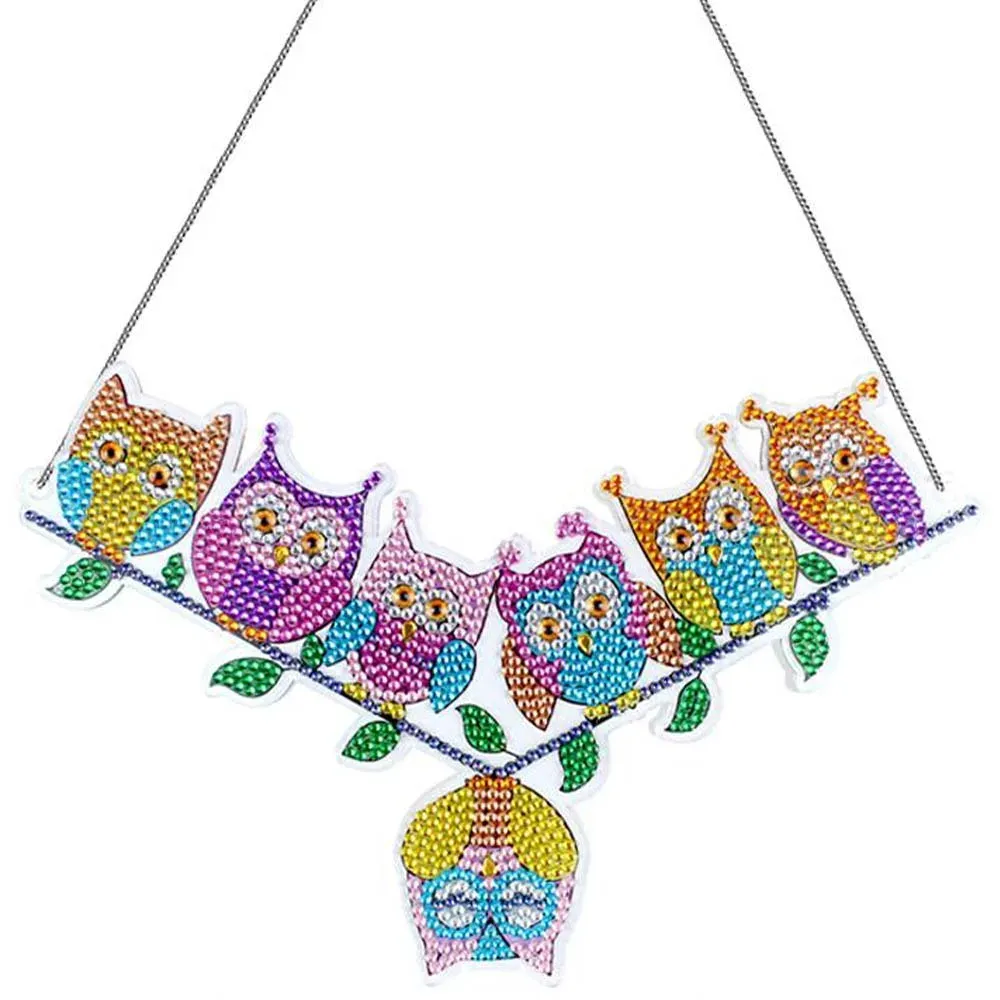 Suspension de porte broderie diamant - Hiboux nocturnes sur fond étoilé