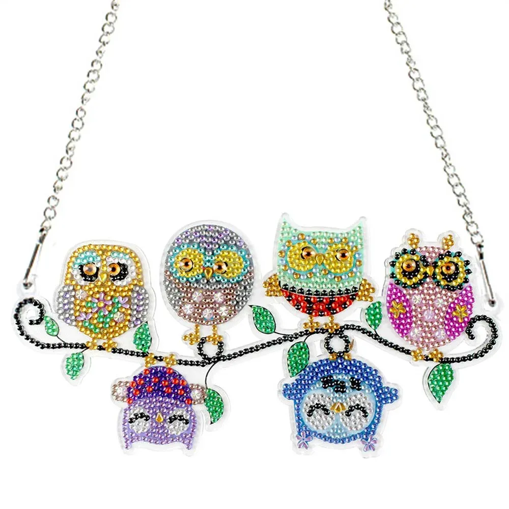 Suspension de porte diamond painting - 6 hiboux sur fond étoilé