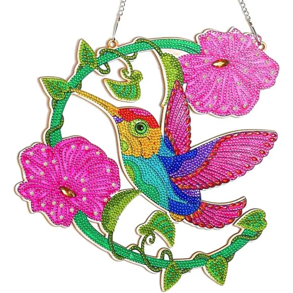 Suspension de Porte Colibri et Fleurs en Diamond Painting 5D