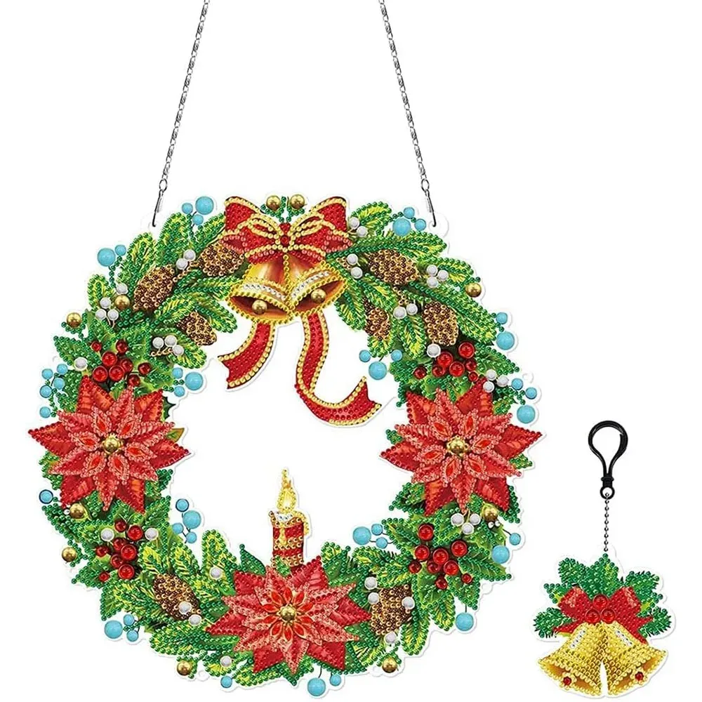 Suspension de porte Couronne de Noël en diamond painting avec LED et pendentif