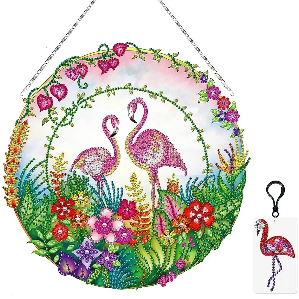 Suspension de porte flamants en diamond painting avec LED et pendentif