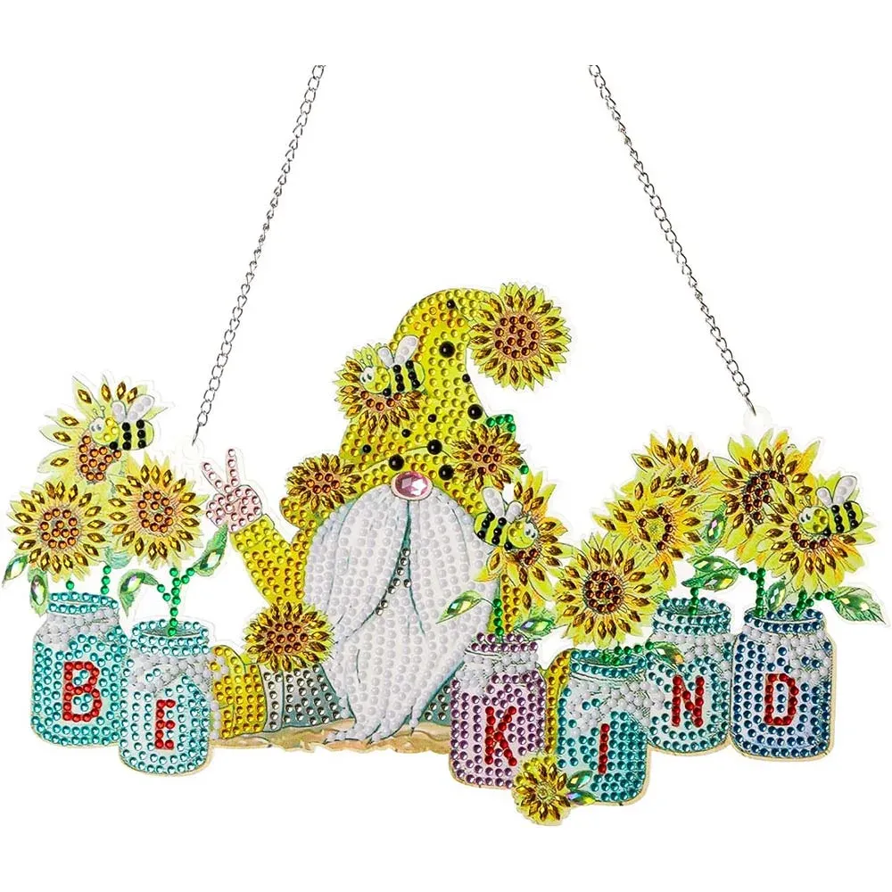 Suspension de porte gnome et tournesol en diamond painting 5D