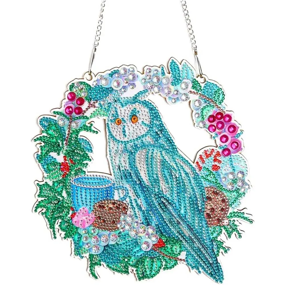 Suspension de porte Diamond Painting Hibou et Fleurs 30x30 cm