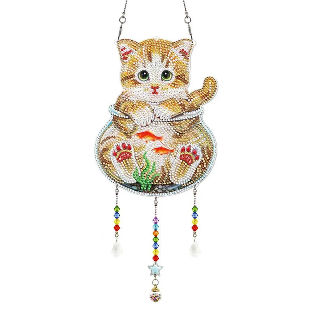 Suspension voiture diamond painting - Chat dans un aquarium scintillant